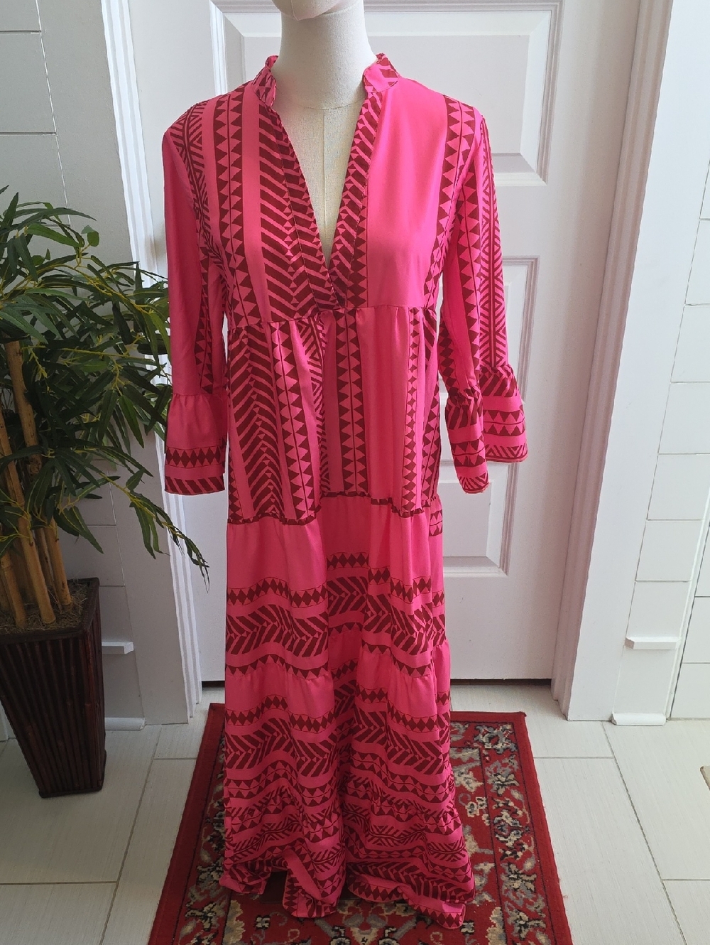 Pink Patterned V-Neck Maxi Dress